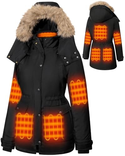 Hecusma Black Heated Jackets for Women with 18400mAh 12V Battery Pack Included, Parka Womens Heated Jacket with Detachable Hood Outdoor-L