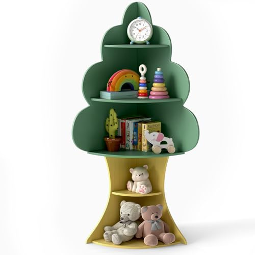DREAMADE Baumförmiges Bücherregal Kinder, 48 x 48 x 132 cm Kinderrgeal mit 5 Fächern & Kippsicherung & Stabiler Basis, Eckregal für Kinderzimmer, Spielzimmer, Wohnzimmer