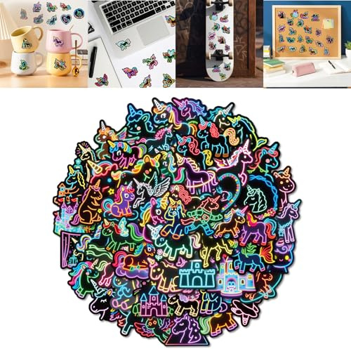 Neon Fantasy Stickers, Pre-Cut Unicorn, Castle and Winged Horse Designs | Bright multicolour outlines on dark backgrounds, for scrapbooks, journals, handmade cards, laptops, mugs and skateboards