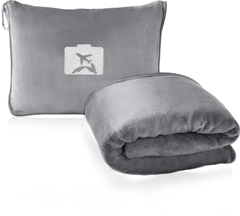 2 in 1 Travel Blanket and Pillow, Soft Blanket and Travel Pillow for Airplane & Car, Long Flight Essential for Women Men, Portable Office Blankets with Luggage Sleeve & Backpack Clip（Grey）
