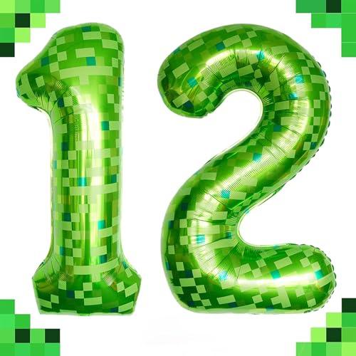 Tourima 40 Zoll Zahl 12 Luftballon Grün Pixel Design, Folienballon Zahlen Set für 12 Geburtstag Junge & Mädchen, Helium Ballons Zahlen Deko, Geburtstagsdeko 12 Jahre Junge & Mädchen