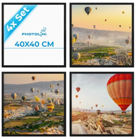 PHOTOLINI Bilderrahmen 40x40 Schwarz, 4er Set Bilderrahmen quadratisch 40x40 Holz MDF mit bruchsicherem Acrylglas, Rahmen 40 x 40 zum Aufhängen mit Zubehör - Picture Frame für Fotos & Poster