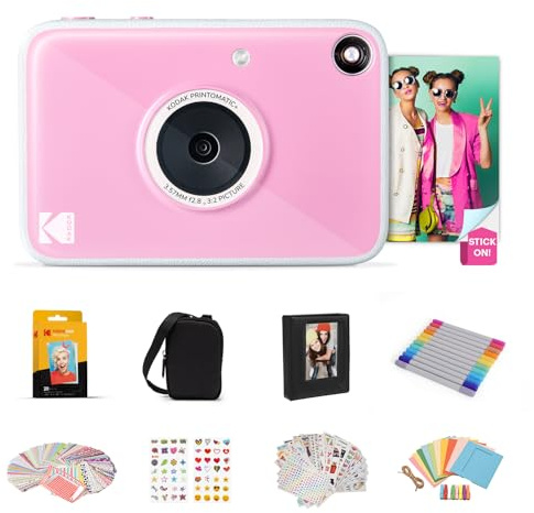 Kodak Printomatic+ Appareil Photo numérique instantané 10 MP, Zink 2x3 (5,1 x 7,5 cm), LED RVB, Coffret Cadeau: Étui, Pack de 20 Feuilles, Album, Autocollants et feutres, Rose