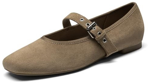 Rihero Ballet Flats Shoes for Women Comfortable Dressy Suede Mary Jane Flats Square Toe Buckle Strap Casual Ballerina Shoes Taupe Size 6