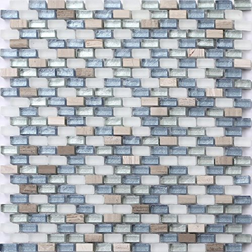 White, Blue and Silver Glass & Natural Stone Brick Shape Mosaic Tiles Sheet (MT0125) (1 Sheet)