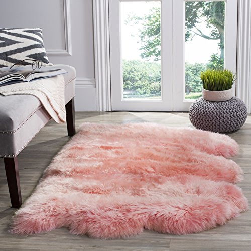 SAFAVIEH Sheep Skin Collection Accent Rug - 3'7 x 5'11, Solid Pink, Handmade Rustic Glam Genuine Pelt, 3.4-inch Thick Ideal for High Traffic Areas in Entryway, Living Room, Bedroom (SHS121L)