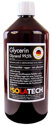 ISOLATECH glycerin 99,5% 1000ml farmaceutisk kvalitet tillverkad i Tyskland, mätt 99,98% ren vegetabilisk, glycerin glycerol flytande transparent 1000ml flaska (innehåll 1,2kg)