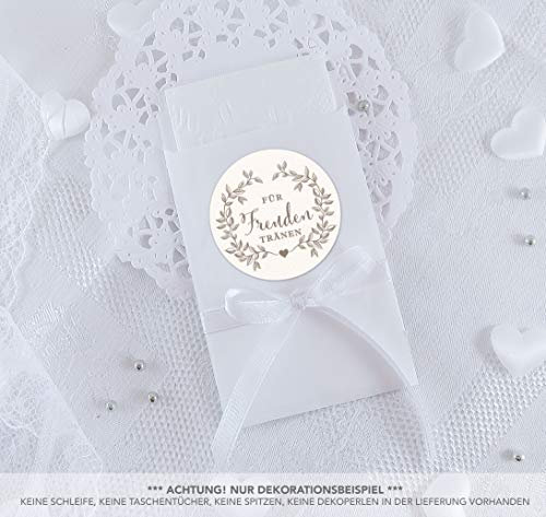 SET KLEIN: 24 Freudentränen Sticker + 24 weiße Flachbeutel - 63 x 93 mm für Freudentränen Taschentuch Verpackungen • Aufkleber CREME ZWEIG RETRO VINTAGE • 4cm rund matt
