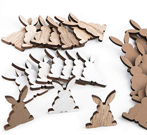 Osterhasen-Streudeko, 24 Stück: Moderne Osterdeko, Holz Streuteile, Mini-Hasen Osterschmuck, Tischdekoration, Verzierung Geschenke Ostern & Frühling, Deko-Figuren zum Basteln, Braun & Weiß, 6,5 x 4 cm