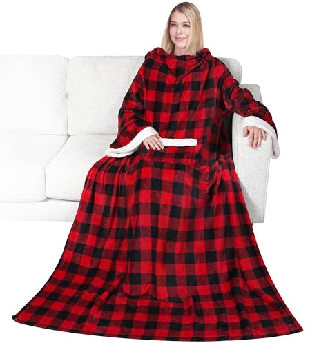 PAVILIA Fleecedecke mit Ärmeln für Damen, Herren und Erwachsene, tragbare Decke, warm, weicher Plüsch, zum Umarmen, Schlafsack, kuschelig, mit Taschen, für TV-Überwurf, gemütlicher weißer Elefant,