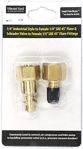 1/4 Industrial Style & Schrader Valve to 1/4 SAE 45-degree Flare Fittings | Adapters to Winterize Blow Out Backflow Preventer and Pressure Vacuum Breaker (PVB) for Sprinkler System | Lead-Free Brass