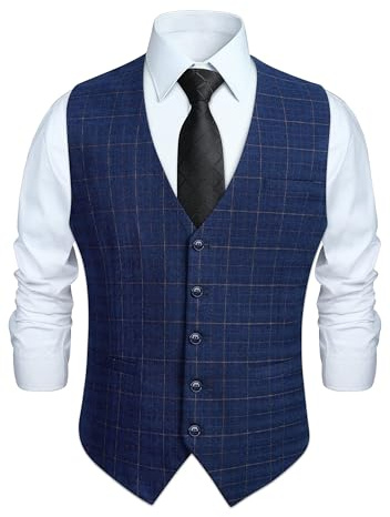 HISDERN Gilets Hommes Mariage Costume Gilet Sans Manche Business Formel Carreaux Classique Bleu L