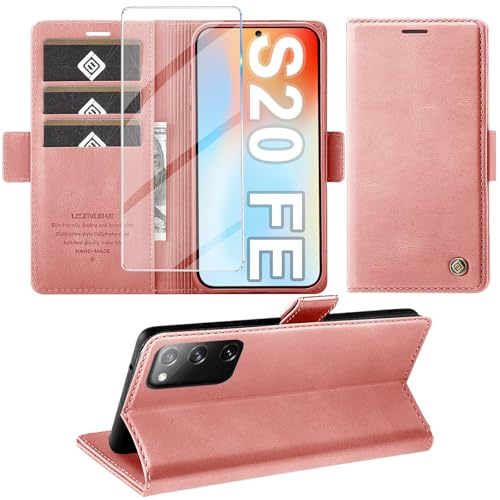 Giyer Handyhülle für Samsung Galaxy S20 FE Hülle mit Schutzfolie, Standfunktion Kartenfach Wallet Premium Leder Schutzhülle S20 FE 4G/5G Flip Case Cover Stoßfeste Klapphülle (Pink)