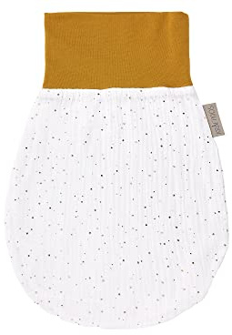 KraftKids Strampelsack Musselin goldene Punkte auf Weiß für den Frühling/Sommer aus Musselin Baumwolle in zwei Größen erhältlich