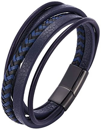 Skcess Magnetarmband Herren Schwarz，Kettenarmbänder 5-Lagiges Lederarmband Rostfreier Stahl Männer Armband 18.5cm