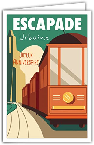 AFIE 69-4328 Carte Joyeux Anniversaire avec Enveloppe - Mini Posters Format 17x11,5cm - Escapade Urbaine Citadine Tramways Ville Capitale Voyage Roadtrip Rétro Vintage - Fabriquée en France