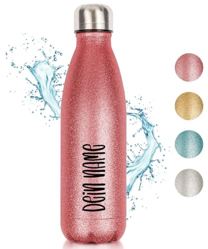 Glitzer-Trinkflasche aus Edelstahl | Personalisiert | Namensflasche | Thermoflasche | BPA-Frei | Geschenkidee | Rosé