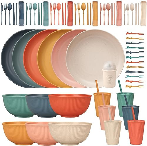 Set di stoviglie infrangibili per 6 persone, set di piatti e ciotole in plastica Set di stoviglie riutilizzabili, set da tavola 6 piatti piani, 6 ciotole, 6 tazze, set da 24 posate