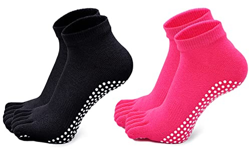 PUTUO Damen Yogasocken Rutschfeste Sportsocken mit Gummisohlen, Damen Zehensocken für Pilates Yoga Tanz Gym Kampfsport, 4 Paare