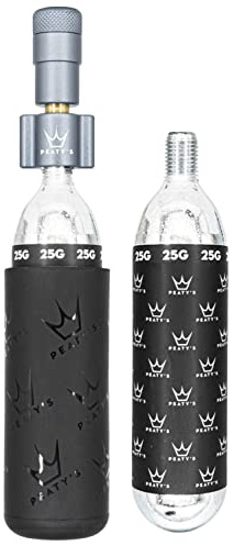 Peaty's Holeshot CO2 Inflator - Reifenfüller Fahrrad mit 2 x 25g CO2 Kartusche, Aufblaskopf und Frostschutzhülle, CO2 Fahrradpumpe Alternative zur Luftpumpe, Geeignet für Presta-Ventile, MTB, Grau