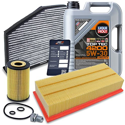 BESTPRICE Inspektionspaket Filterset mit 1x Ölfilter, 1x Luftfilter, 1x Innenraumfilter (Aktivkohle), 1x Ölablassschraube mit Dichtring, 1x Ölwechselanhänger, 1x Motoröl 5W-30 Top Tec 4200 5 l