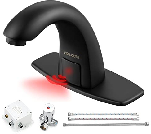CDLODIN Black Touchless Bathroom Vanity Faucet, Automatic Sensor Modern Sink Faucets with Hole Cover Plate, Commercial Hands Free Faucet Stainless Steel, Motion Sensor Faucet