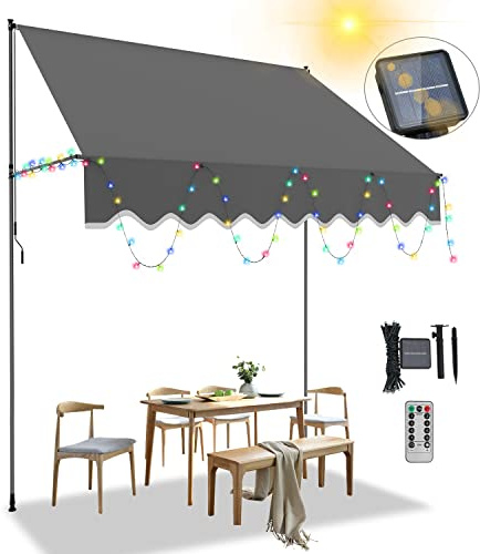 Joparri Klemmmarkise 300x120cm Grau mit Handkurbel ohne Bohren, 2 in 1 Balkonmarkise mit 5M Bunt Solar Lichterkette, UV-beständig & höhenverstellbar 211.5-305cm, Sonnenschutz wasserdicht