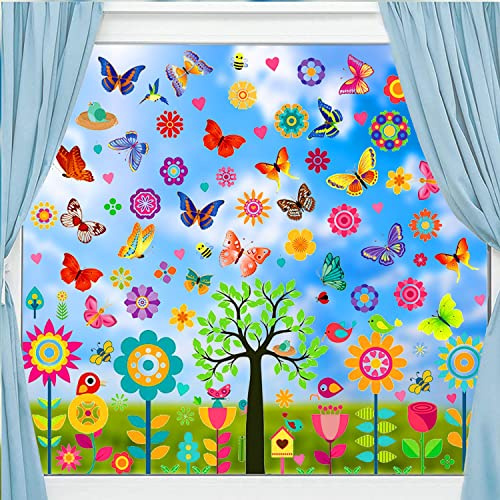 100Stk Fensterbilder Frühling Selbstklebend Fensterbilder Kinder Kinderzimmer Schmetterlinge Fenstersticker Blumen Fensterdeko Anti-Kollision Deko Fensterfolie Fensterbild