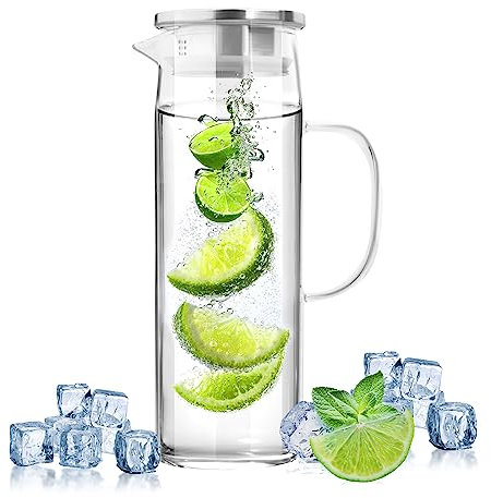 Carafe D'Eau 1,5L en Verre Borosilicaté Avec Couvercle - Pichet pour Thé Glacé, Infusion à Froid, Lait, Jus, Café et L'Eau Chaude