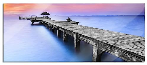 Tableau panoramique en verre véritable - Longue passerelle avec petit pavillon - 120 x 50 cm - Avec suspension et entretoises