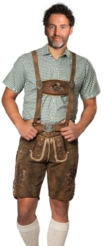 Tannhauser Kort Lederhosen Kitzbuhel med bälte och hängslen av 100 % kohud brun äkta lederhosen herr för oktoberfest herr - storlek M/50