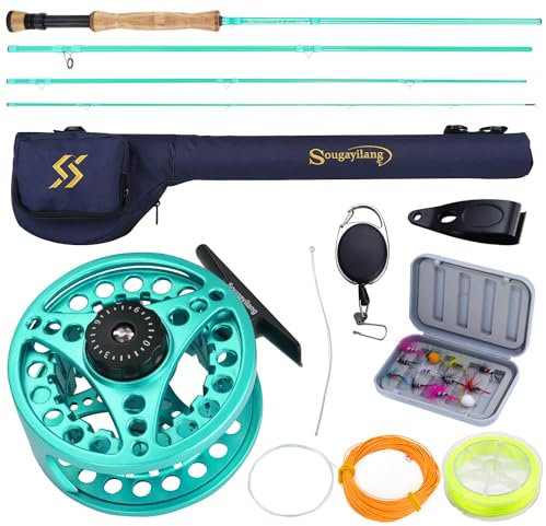 Sougayilang Fliegenfischen-Kombination, 4-teilige Fliegenrute und CNC-gefräste Aluminium-Legierung, komplettes Starterpaket mit Rutentasche, türkis-#8