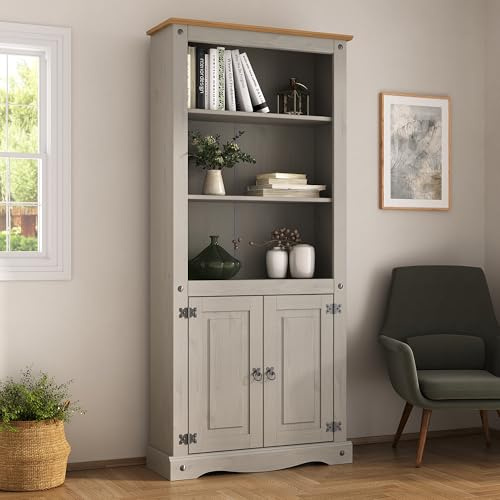 Corona Grey 2 Door Bookcase Display Cabinet Mexican Solid Pine with Distressed Grey Wax Finish and Gunmetal Hardware 29D x 82W x 180H