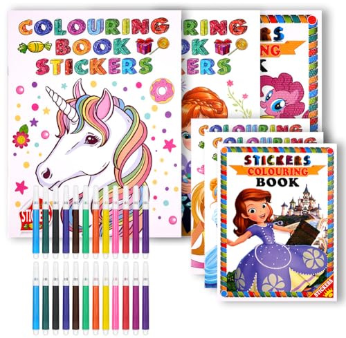 OSDUE Malbuch set, 6 A4 Format Malbüchern, Malhefte, Colouring Book mit 2 * 12 Buntstiften und Aufklebern