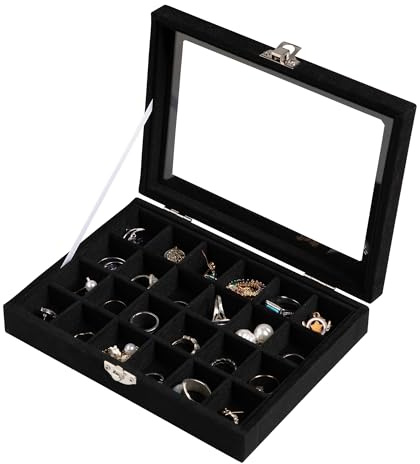 Frebeauty Bandeja joyas 24 compartimentos, terciopelo, tapa transparente | Organizador de pendientes, caja para gemelos, organizador de pendientes con tapa transparente y cierre de seguridad