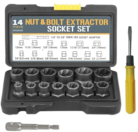 GIONAR 15 Pcs Impact Bolt and Nut Remover Set, Impact Bolt and Nut Extractor Socket Set with 1/4 to 3/8 Drive Hex Socket Adapter for Stubborn Sockets and Bolts, Extraction Set with 1 Screwdriver