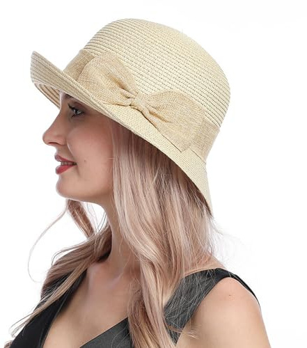 Generisch Damen Strohhut Fedora Trilby Hüte Eleganz Panama Hut mit Bowknot Faltbar Sommerhut Sonnenhut UV-Schutz Strandhut mit Breite Krempe für Strand, Urlaub, Reisen