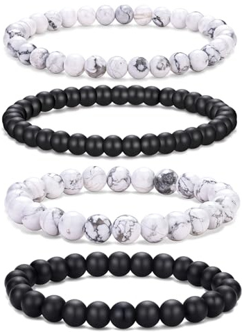 RANKEEF Perlenarmband Herren 6mm/8mm Naturstein Armbänder für Herren Perlenarmbänder Set Verschiedene weiße schwarze Perlenarmbänder für Herren Verstellbares Stretch-Herrenarmband