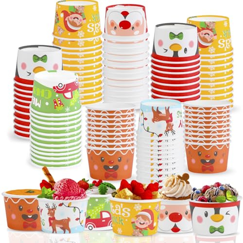 SULOLI 120 Pcs Christmas Treat Snack Cups, Xmas Paper Ice Cream Cups Santa Snowman Disposable Snack Bowls for Christmas Party Supplies Decorations(3OZ/100ML)