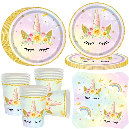 OMZSXK Einhorn Partygeschirr Set für 16 Gäste, Einhorn Partyteller Geburtstag, Einhorns Pappteller Becher Servietten Kindergeburtstag Party Deko