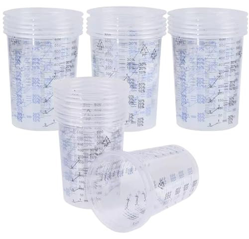 FiTspi Lot de 25 tasses à mélanger en plastique transparent, 600 cc, 600 ml, calibrées résistantes aux solvants, verres à mesurer réutilisables pour mélanger la résine, la peinture, les taches époxy