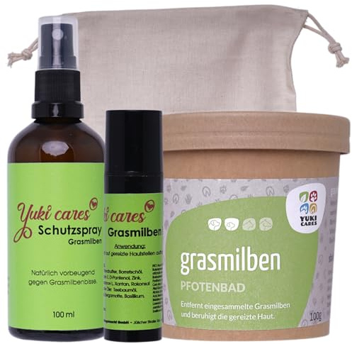 Yuki cares Grasmilben Set zum Schutz vor und gegen starken Juckreiz durch Grasmilbenbisse für Hunde