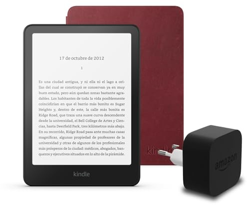 Le dernier Kindle Paperwhite (version 2024) 16 GB sans publicité, une housse en cuir Amazon Premium et un adaptateur secteur Amazon Powerfast 9 W.