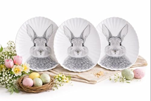 KAMACA Lot de 3 assiettes de Pâques en métal - Assiettes à pâtisserie décoratives en forme d'œuf - 24 x 18 cm - Assiettes à biscuits avec motif lapin pour bonbons et œufs de Pâques