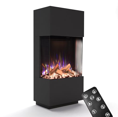 GLOW FIRE Kaminofen PR11 mit realistischem 3D E-Motion LED-Feuer - Stand-Elektrokamin mit Heizung und Kaminfeuer, Knistereffekt & Timer, max. 1500 W, 61,5x136x40cm, Schwarz