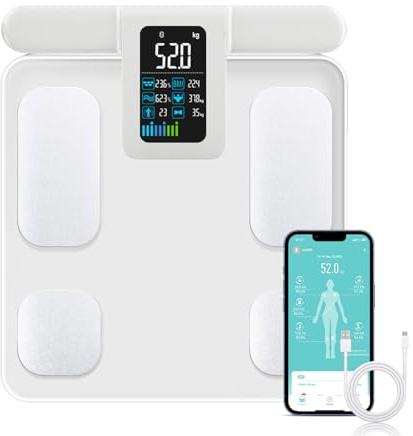 Fitdays Bilancia per peso corporeo e percentuale di grasso, 8 elettrodi bilancia digitale ad alta precisione per misurazione della composizione corporea BMI 20, bilancia intelligente da bagno con