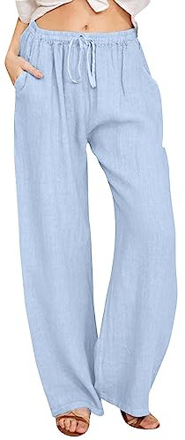 Damen-Hosen mit hoher Taille weitem Bein, modische elastische Hose mit Kordelzug, Bequeme Lange Hose mit geradem Bein Taschen Sportswear Damen Hose 3/4