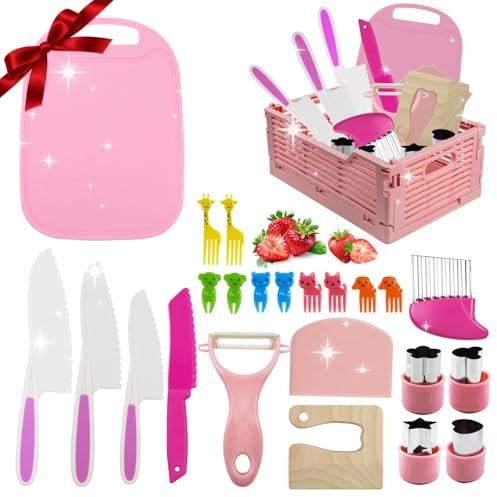 24PCS Kids kitchen knife Set for Chopping Mini Toddler Cutting Set with Knife,Foldable Storage Box,Crinkle Cutter,Cookie Cutters and more for Boys and Girls