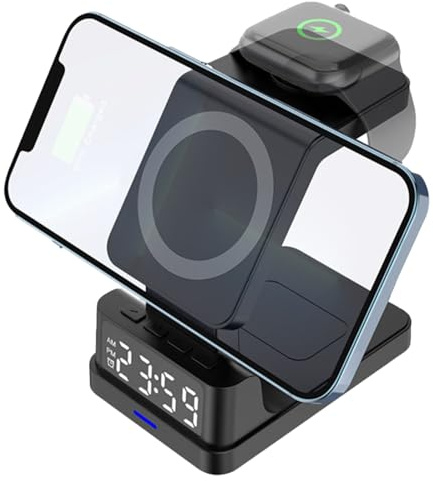 Väckarklocka med 15 W trådlös laddare - laddningsstation för/| LED-skärm, dubbelt larm, USB-port, perfekt för hem, kontor, resor