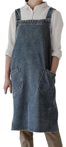 CBBEONRN Delantal De Cocina Vaquero para Mujer, Delantal De Mezclilla para Barbacoa, Cocina, Limpieza, Hostelería, Frutería Y Trabajo - Uniforme Laboral Cómodo Y Eficaz Blue,One Size